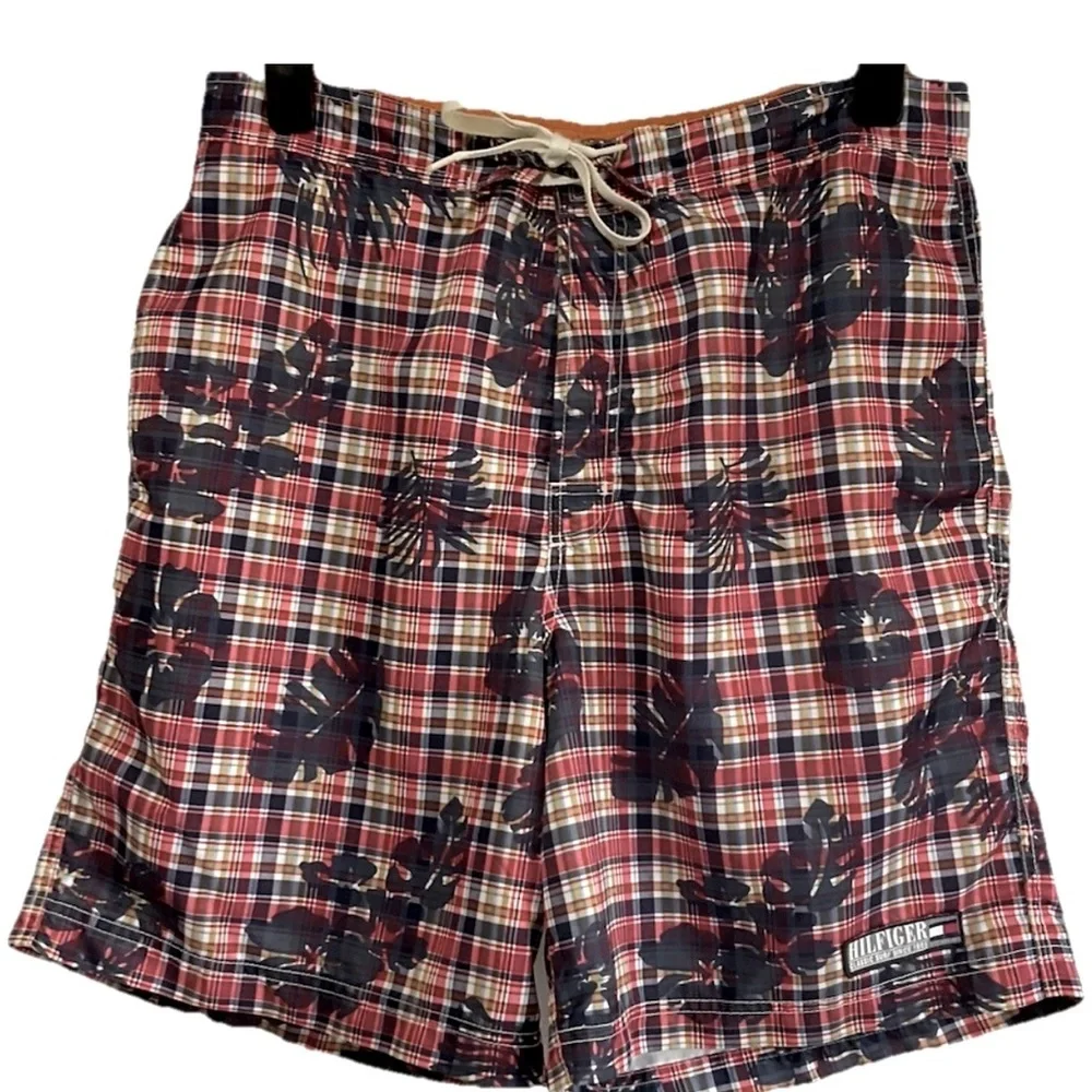 VTG Tommy Hilfiger Mens Lined Board Shorts plaid with palm trees Size LARGE - Picture 10 of 10